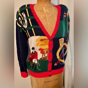 Studio By Michelle Stuart Knit Cardigan Equestrian Hunt Theme 1980’s-1990’s Rare